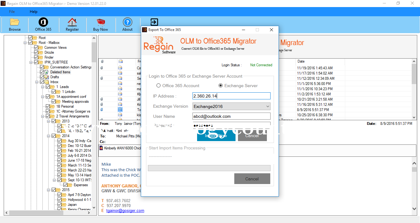Regain OLM to Office 365 Migrator Screenshots